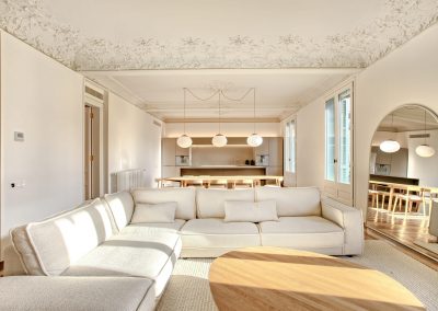vista salon con muebles blancos